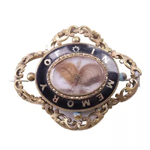 Viktorianische Trauer Brosche L7 cm schwarz Emaille gelb Metall um 1830 - Bild 1 von 14