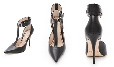 Elizabeth and James Saucy Heel Black Ankle Cuff Pumps T-Strap stiletto heel NEW - Image 1 of 4