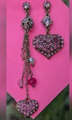 Betsey Johnson Perfectly Pave Pink Crystal Heart Asymmetric Earrings - Image 1 of 4