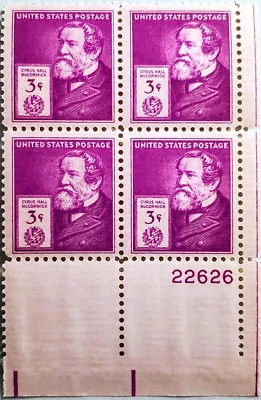 US STAMP 1940 SCOTT # 891 PLATE BLOCK OF 4, 3 CENT, CYRUS HALL MCCORMICK,MNH XF - Image 1 of 2