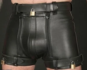 MENS REAL LEATHER RESTRAINTS CHASTITY SHORTS WITH FREE PADLOCKS BLUF SHORTS - Picture 1 of 4