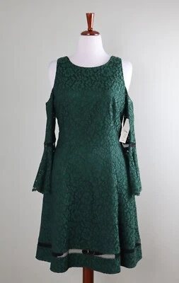ELIZA J NWT $168 Green Floral Lace Cold Shoulder Bell Sleeve Dress Size 14 - Image 1 of 4