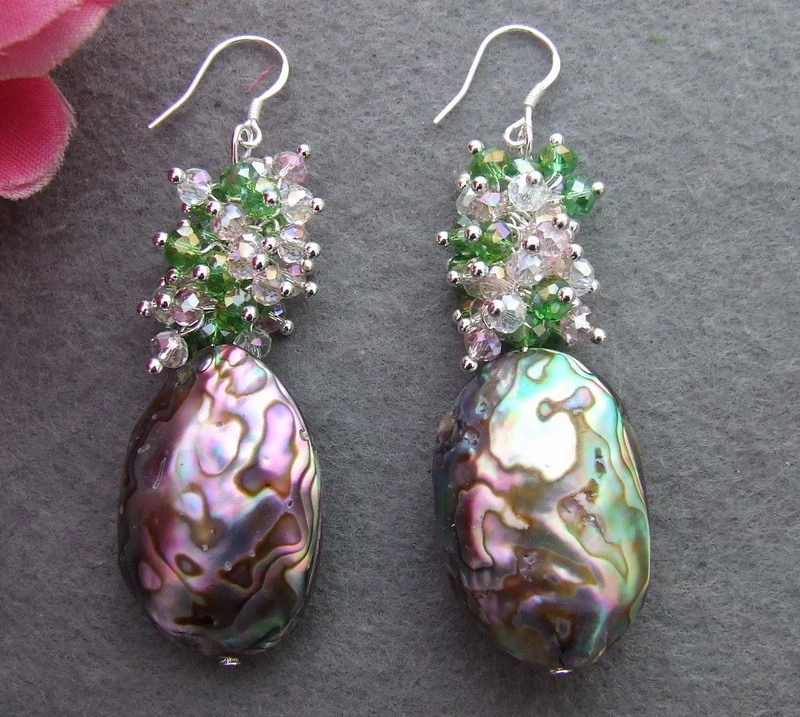 Rainbow Abalone Shell multi color Crystal Earrings-925 Silver Hook - Image 1 of 2