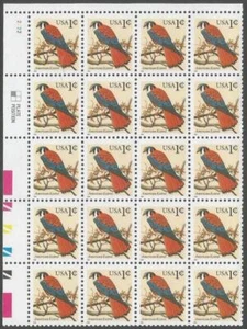 Plate Block of 20 stamps - Scott 2477 - 1 cent - American Kestrel - 1995 - MNH - Picture 1 of 1