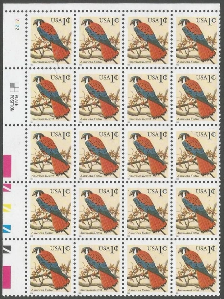 Plate Block of 20 stamps - Scott 2477 - 1 cent - American Kestrel - 1995 - MNH - Image 1 of 1