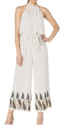 Mono CECE Cuello Halter Alto Corbata Cinturón Pierna Ancha Cachemira Blanco Floral S Foto 1 de 4