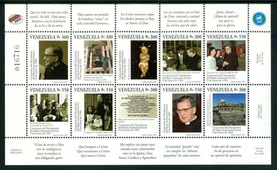 Venezuela 1623, MNH, Beato José María Escrivá Fundador del Opus Dei 2001. x1401 Foto 1 de 1
