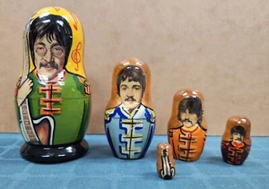 Vintage BEATLES Sgt. Pepper Hand Painted Wood Nesting Doll 5 Piece Set RUSSIA - Picture 1 of 8