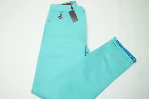 Isaia 5 tasche Cint Spiga Cotton Blend Aqua Blue linea Paisley Pant 50R nuovissime - Foto 1 di 10