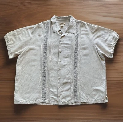 ISLAND PASSPORT Mens 3XL Linen Blend Guayabera Beige Embroidered Button Up Shirt - Image 1 of 4
