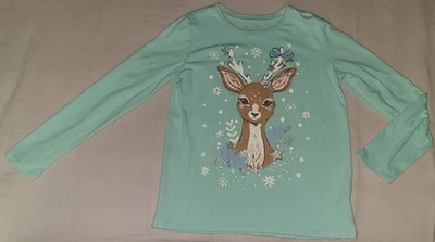 Niñas Aqua Camisa Punto Acanalado Grande 10/12 Manga Larga Top Invierno Ciervo Gráfico Camiseta Foto 1 de 4