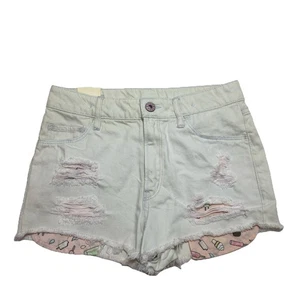 H &M Girls Light Beige Shorts  With Cuff Size 10-11Y Pink Pockets w Ice Creams - Picture 1 of 7