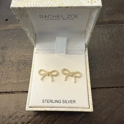 Rachel Zoe Gold Bow Faux Pearls Sterling Silver Delicate Earrings New NIB - Image 1 of 4