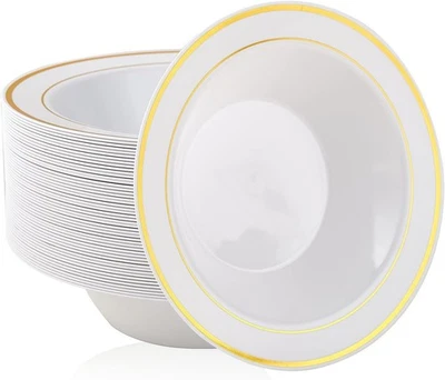 50PCS Plastic Bowls with Gold Rim-12oz disposable Soup Bowls, Christmas Thanks.. - Image 1 of 4