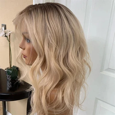 Peluca de cabello humano frontal de encaje rubio balayage ondulado de 14" raíces oscuras para mujer Foto 1 de 4