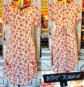 Betsey Johnson Vintage 90s Cottage Babydoll Tea Dress Cream Pink Rose Floral 8 M - Picture 1 of 13
