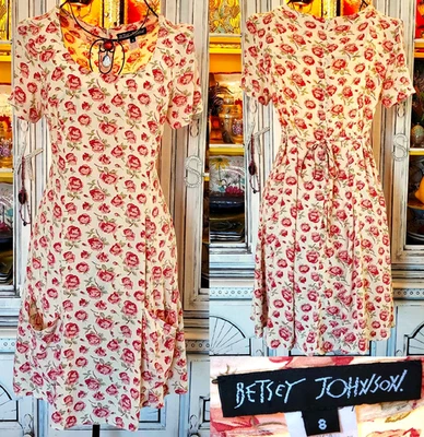 Betsey Johnson Vintage 90s Cottage Babydoll Tea Dress Cream Pink Rose Floral 8 M - Image 1 of 4