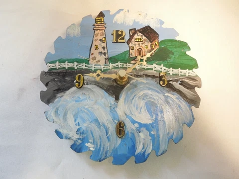 Saw Blade Quartz Wall Clock Hand Painted Lighthouse Design 7" Diameter USA Made Cover