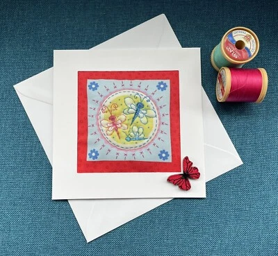 Hand Made Sewn Blank Card Birthday Thank You Thinking Of Garden Dragonfly Pond - Image 1 of 2
