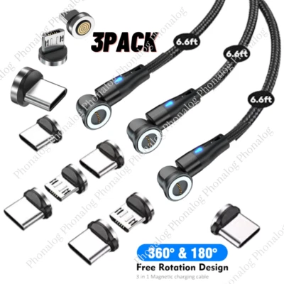 3 PACK Magnetic Phone Charger Fast Charging Cable For Micro USB/Type C/ iPhone - Image 1 of 4