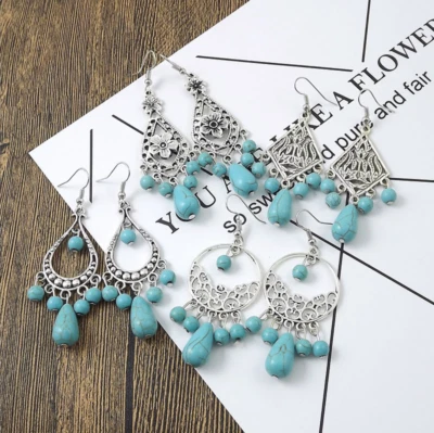 Pendientes Colgantes Estilo Bohemio Étnico Retro Turquesa Borla Hechos a Mano Boho Foto 1 de 4