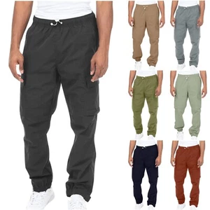 Mens Casual Solid Color Elastic Waist Cargo Trouser Multi-Pockets Overalls Pants - Picture 1 of 22