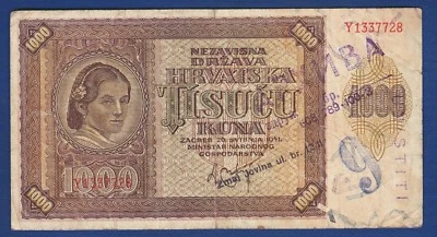 1000 Kuna 1941. Croatia banknote, NDH Ustasa WWII, stamp UNIŠTITI ! - Image 1 of 2