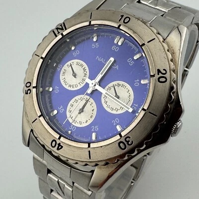 Nautica Quartz Watch Men 100m Rotating Bezel Silver Blue Analog New Batter 6.75" - Image 1 of 4