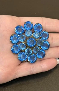 Large Vintage Blue Open Back Prong Set Rhinestones Brooch Pin - Picture 1 of 10