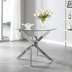 Round Glass Home Kitchen Table with Stainless Steel Metal Legs Dining Table - Picture 1 of 22