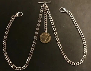 Double Albert Pocket watch chain and ER II Threepenny Bit fob,silver colour - Picture 1 of 6