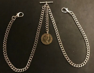 Double Albert Pocket watch chain and ER II  Threepenny Bit  fob,silver colour - Image 1 of 4