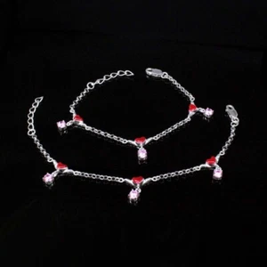 925 Silver Jewelry Kids Heart Shape Anklets Ankle chain foot baby Bracelet 5.5" - Picture 1 of 3