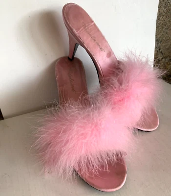 VTG Fluffy Boudoir Slippers Size 10 3.5” Heels Pink Satin & Feathers, Fuzzy Fur - Image 1 of 4