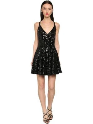 NWT Dolce & Gabbana Black Sequin Flared Cross-Back Mini Dress 40/US 4 $2,345 - Image 1 of 4