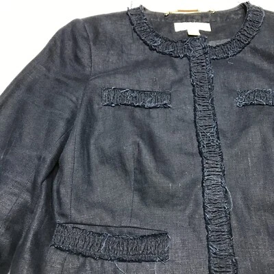 Michael Kors Jacket Womens Size 12 Navy Blue Frayed Snap Front 100% Linen Lined - Image 1 of 4