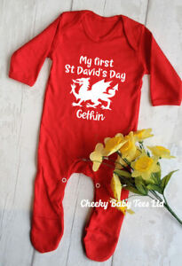 My First St Saint David's Day Baby Grow Sleepsuit,Welsh Baby Clothes,Personalise