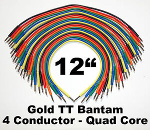 24 New Gold TT Bantam 12" Quad Core Patch Cables Cords 1 Foot Leads 4 Conductor