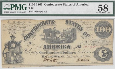 T-13 1861 $100 Confederate Cotton Wagon PF-5 PMG AU 58 High Grade Civil War Note - Image 1 of 4