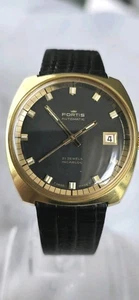 Mens Vintage Gold Plated FORTIS 21 J ETA 2782 Black Dial Automatic Wristwatch - Picture 1 of 10