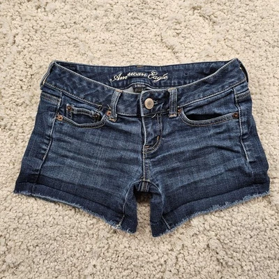 American Eagle Womens Jean Shorts Cutoff Whiskered Y2K Denim Size 0 27.5x4.5 - Image 1 of 4