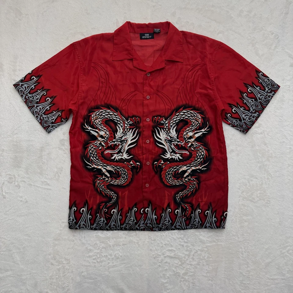 City Impact Shirt Mens Large Red Dragon Flame Graphic Button Up Front Camp - Image 1 of 4