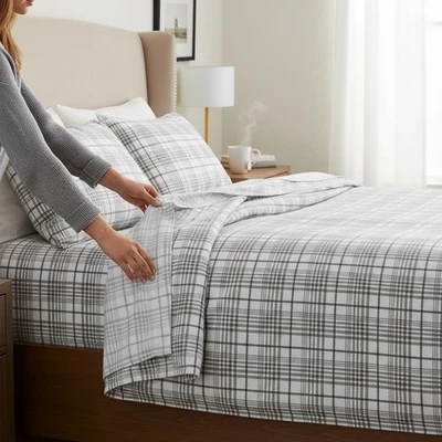 Brooks Brothers 4 PC Set Queen Sheet  Turkish Flannel Cotton White Grey Plaid - Image 1 of 4