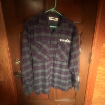 Camisa Playboy By Pacsun Franela Botón Para Hombre Talla M Azul Verde Patín A Cuadros Y2K Foto 1 de 4