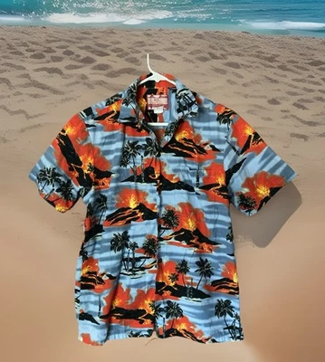 Vintage RJC Hawaiian Shirt Mens Medium Volcano All Over Print Beach Camp - Image 1 of 4