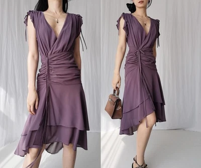 Purple mauve Gauze Maxi Dress: Ruffle Frill V Neck Viscose Tea Dress (S to M) - Image 1 of 4
