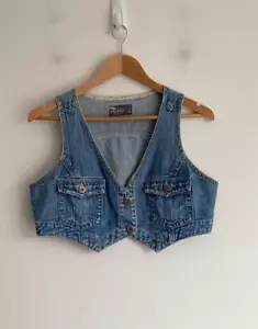 Jay Jays Cotton Denim Vest Womens Size 14 Blue Cropped Button Pocket Sleevelesss - Picture 1 of 8