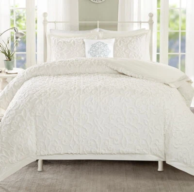 JUEGO DE EDREDÓN SABRINA WHITE CHENILLE 4 piezas Queen: estilo vintage casa de campo casa de campo Foto 1 de 4