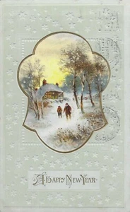 Postal de Colección 1913 Feliz Año Nuevo en Relieve Alemania Escena de Invierno - Imagen 1 de 2