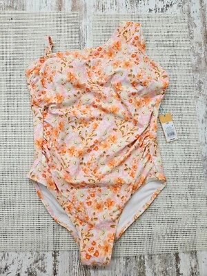 Traje de baño Kona Sol de una pieza de cobertura alta de un hombro talla 14W rosa floral Foto 1 de 4